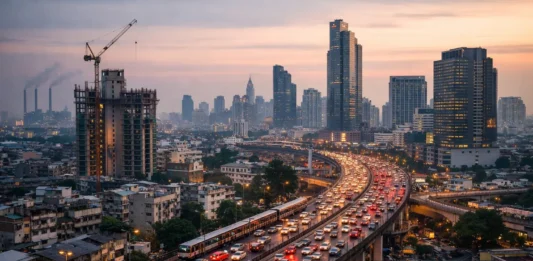 Cityscape showing population growth pressure on housing, transport, and public services.