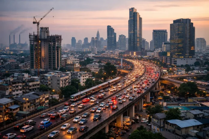 Cityscape showing population growth pressure on housing, transport, and public services.