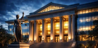 Image of a modern government building with strong architectural lines and dramatic lighting, representing transparency, judicial independence, and strong anti-corruption systems.