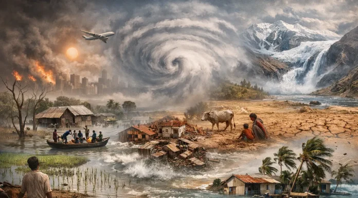 Climate change effects on vulnerable countries: floods, droughts, storms, and rising sea levels.