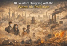 10 Countries Struggling With the Worst Air Pollution Illustration showing global cities affected by severe air pollution and smog.