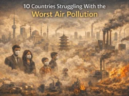Illustration showing global cities affected by severe air pollution and smog.