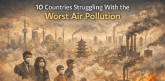 Illustration showing global cities affected by severe air pollution and smog.