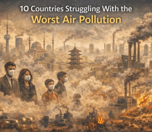 Illustration showing global cities affected by severe air pollution and smog.
