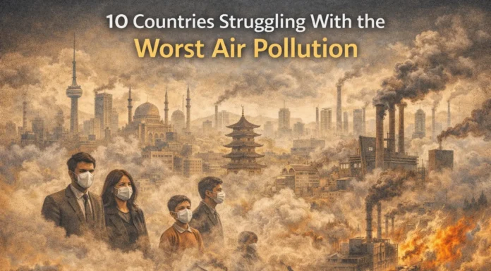 Illustration showing global cities affected by severe air pollution and smog.