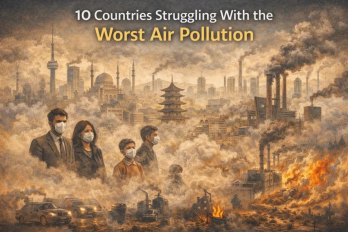 10 Countries Struggling With the Worst Air Pollution Illustration showing global cities affected by severe air pollution and smog.