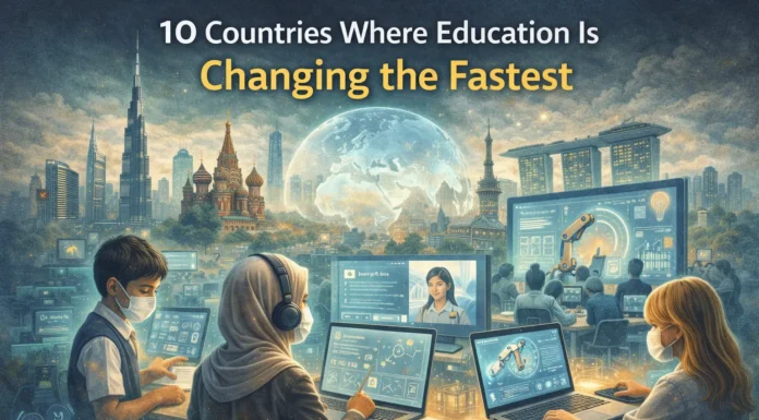 Graphic highlighting the global transformation of education through technology and virtual learning environments.