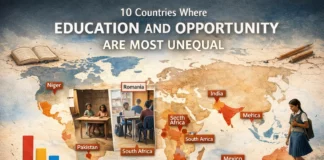Illustrative global map showing education inequality disparities in countries with unequal opportunities.