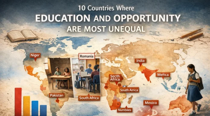 Illustrative global map showing education inequality disparities in countries with unequal opportunities.