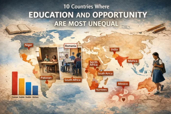 Illustrative global map showing education inequality disparities in countries with unequal opportunities.