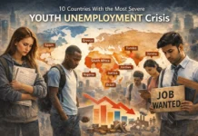 10 Countries With the Most Severe Youth Unemployment Crisis An illustration depicting the global youth unemployment crisis, featuring young job seekers alongside economic and labor market symbols.