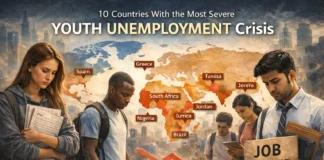 An illustration depicting the global youth unemployment crisis, featuring young job seekers alongside economic and labor market symbols.