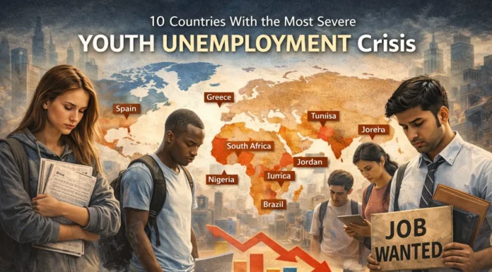 An illustration depicting the global youth unemployment crisis, featuring young job seekers alongside economic and labor market symbols.
