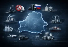 Belarus map showing 10 major challenges, from political restrictions and sanctions to economic and demographic pressures.