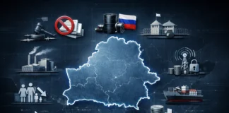 Belarus map showing 10 major challenges, from political restrictions and sanctions to economic and demographic pressures.