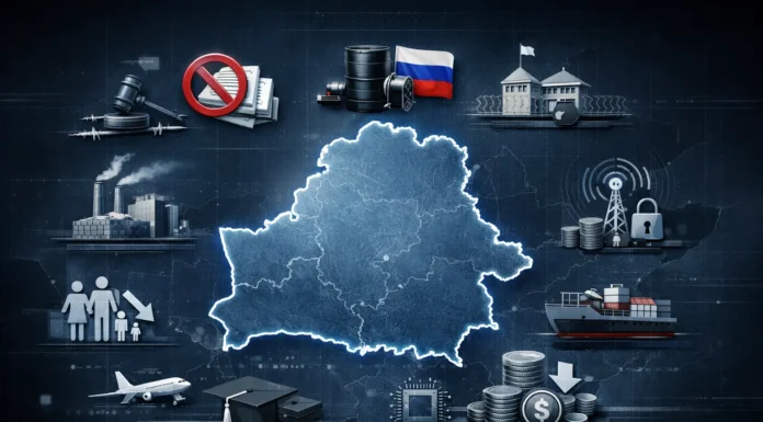 Belarus map showing 10 major challenges, from political restrictions and sanctions to economic and demographic pressures.