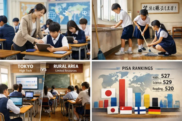 Japan's education system's success is evident in modern classrooms where teachers guide students using tablets.