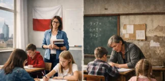 Illustration of Polish students in a classroom, highlighting teacher shortages and school disparities