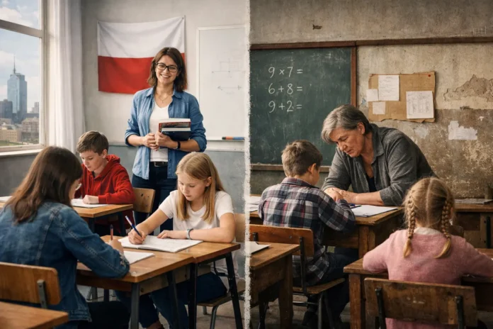 Illustration of Polish students in a classroom, highlighting teacher shortages and school disparities