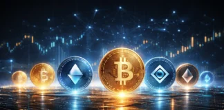 Futuristic scene of emerging cryptocurrencies with glowing digital coins, interconnected blockchain networks, and advanced financial data visuals