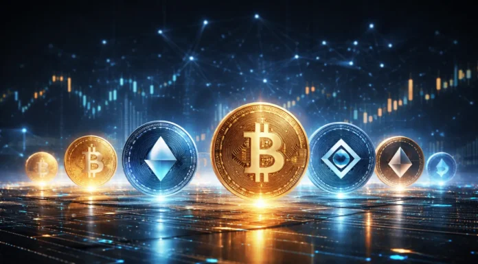 Futuristic scene of emerging cryptocurrencies with glowing digital coins, interconnected blockchain networks, and advanced financial data visuals