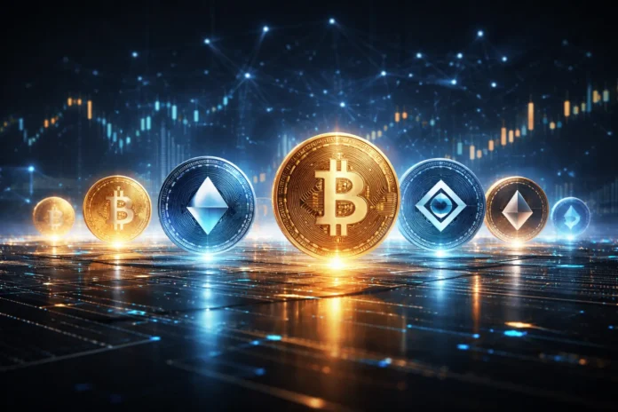 Futuristic scene of emerging cryptocurrencies with glowing digital coins, interconnected blockchain networks, and advanced financial data visuals
