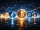 Futuristic scene of emerging cryptocurrencies with glowing digital coins, interconnected blockchain networks, and advanced financial data visuals