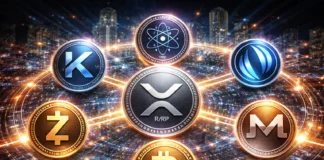 High-resolution editorial illustration of XRP, Kaspa, Cosmos (ATOM), Injective (INJ), Zcash (ZEC), Bitcoin Cash (BCH), and Monero (XMR) coins connected via a futuristic blockchain network in a glowing cityscape.