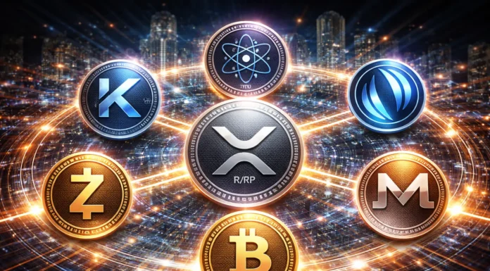 High-resolution editorial illustration of XRP, Kaspa, Cosmos (ATOM), Injective (INJ), Zcash (ZEC), Bitcoin Cash (BCH), and Monero (XMR) coins connected via a futuristic blockchain network in a glowing cityscape.