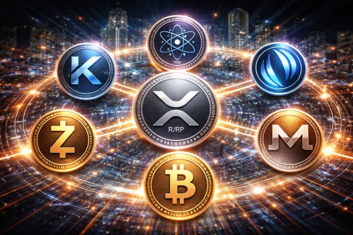 High-resolution editorial illustration of XRP, Kaspa, Cosmos (ATOM), Injective (INJ), Zcash (ZEC), Bitcoin Cash (BCH), and Monero (XMR) coins connected via a futuristic blockchain network in a glowing cityscape.