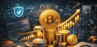 Illustration of cryptocurrency investment, showing digital coins, smart strategies, and growth trends.