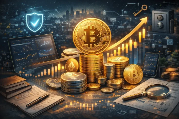 Illustration of cryptocurrency investment, showing digital coins, smart strategies, and growth trends.