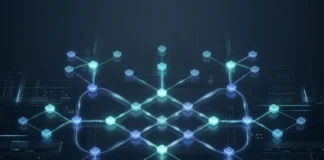 Blockchain staking ecosystem visualization showing decentralized validator networks and interconnected cryptocurrency systems in a futuristic finance design.