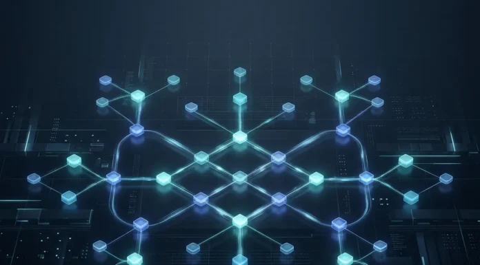 Blockchain staking ecosystem visualization showing decentralized validator networks and interconnected cryptocurrency systems in a futuristic finance design.