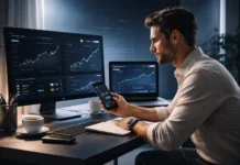 A crypto investor monitors long-term passive income strategies, such as staking and lending, demonstrating focus and careful decision-making.