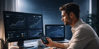 A crypto investor monitors long-term passive income strategies, such as staking and lending, demonstrating focus and careful decision-making.