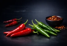 Vibrant red and green chili peppers on a dark gradient background, representing spicy foods and their potential health and longevity benefits.