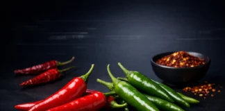 Vibrant red and green chili peppers on a dark gradient background, representing spicy foods and their potential health and longevity benefits.