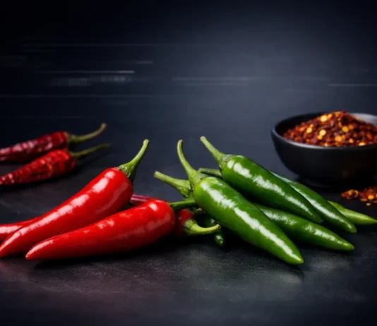 Vibrant red and green chili peppers on a dark gradient background, representing spicy foods and their potential health and longevity benefits.