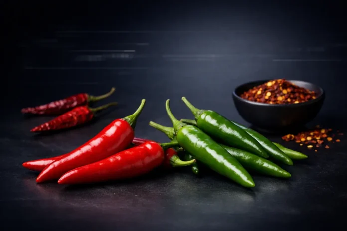 Vibrant red and green chili peppers on a dark gradient background, representing spicy foods and their potential health and longevity benefits.