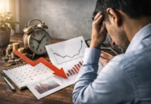 Early Investing Mistakes That Destroy Compounding Power Image of a person looking at financial graphs with a clock, representing early investing mistakes that destroy long-term compounding.