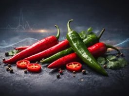 Red and green chili peppers on a dark background reflect the measurable effects of spicy foods on metabolism and overall health.