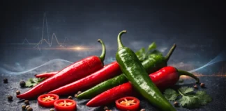 Red and green chili peppers on a dark background reflect the measurable effects of spicy foods on metabolism and overall health.