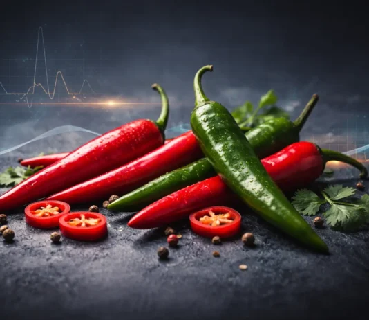 Red and green chili peppers on a dark background reflect the measurable effects of spicy foods on metabolism and overall health.
