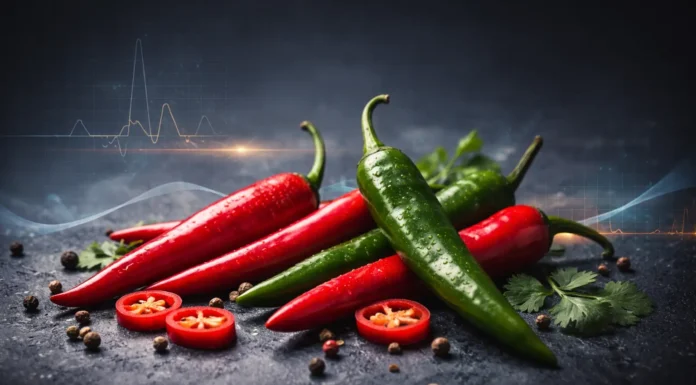 Red and green chili peppers on a dark background reflect the measurable effects of spicy foods on metabolism and overall health.