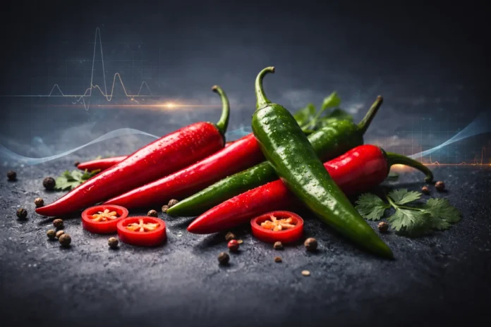 Red and green chili peppers on a dark background reflect the measurable effects of spicy foods on metabolism and overall health.