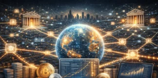 Illustration showing blockchain networks connecting global banks, digital ledgers, and futuristic financial infrastructure.