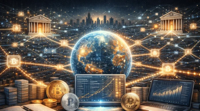 Illustration showing blockchain networks connecting global banks, digital ledgers, and futuristic financial infrastructure.