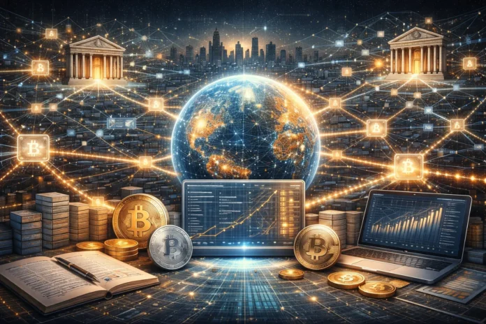 Illustration showing blockchain networks connecting global banks, digital ledgers, and futuristic financial infrastructure.