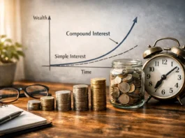 Exponential growth of long-term investments via compound interest.